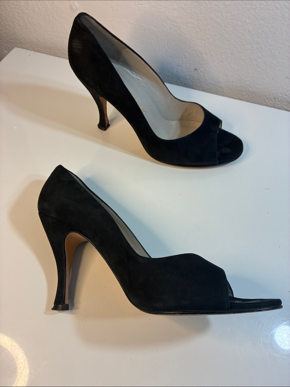 Delman 10M Black Suede Peep-Toe Heels for Women Effortlessly Elegant Timeless